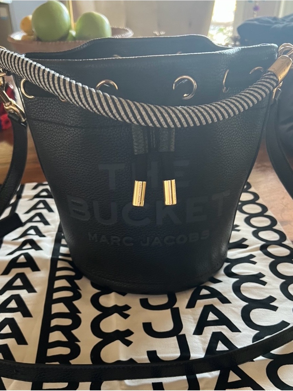 Marc Jacobs Black Leather Bucket Bag with Striped Drawstring